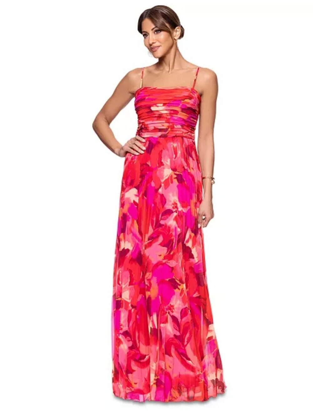 X by Xscape NWT 10P Pink Floral Pleated Maxi Dress Ruched Bodice $179 Boho